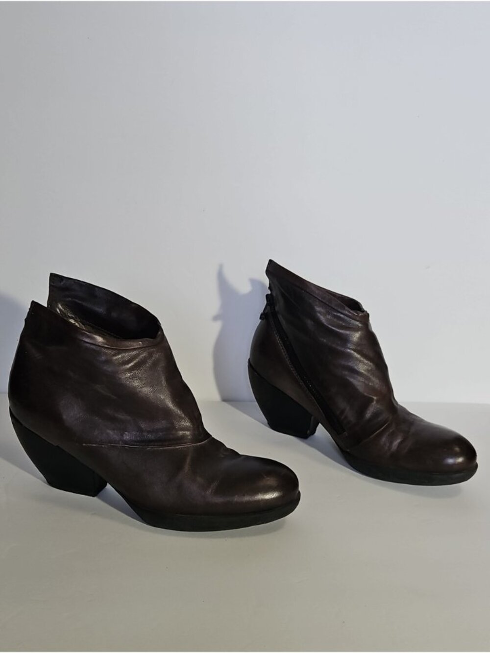 AS 98 Dark Brown Leather Side Zip Cuban Heel Moto Booties
